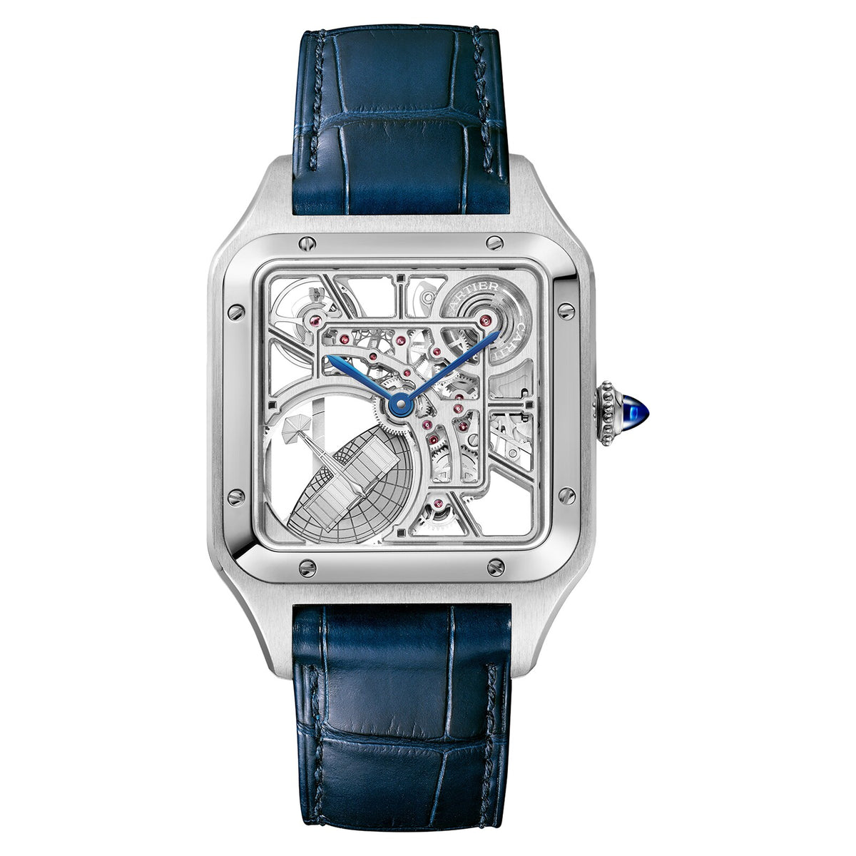 Santos-Dumont Skeleton with Micro-Rotor Large Model | 31mm, Steel, Alligator Leather, Silver Dial - image 4
