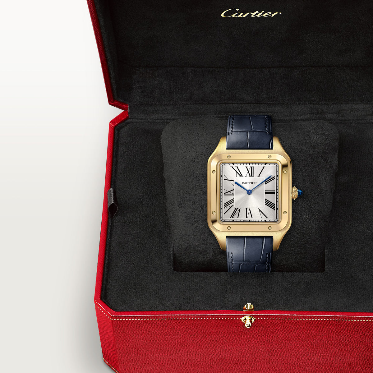 Santos-Dumont Extra-Large Model | 34mm, 18K Yellow Gold, Alligator Leather, Silver Dial - image 3