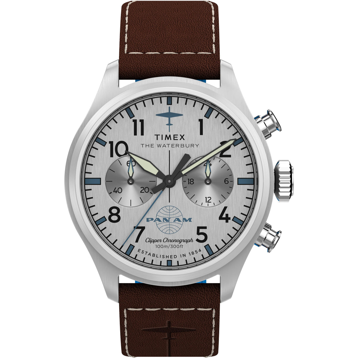 Timex x Pan Am® Waterbury Ace Chronograph | 41mm, Steel, Leather, Silver Dial - image 1