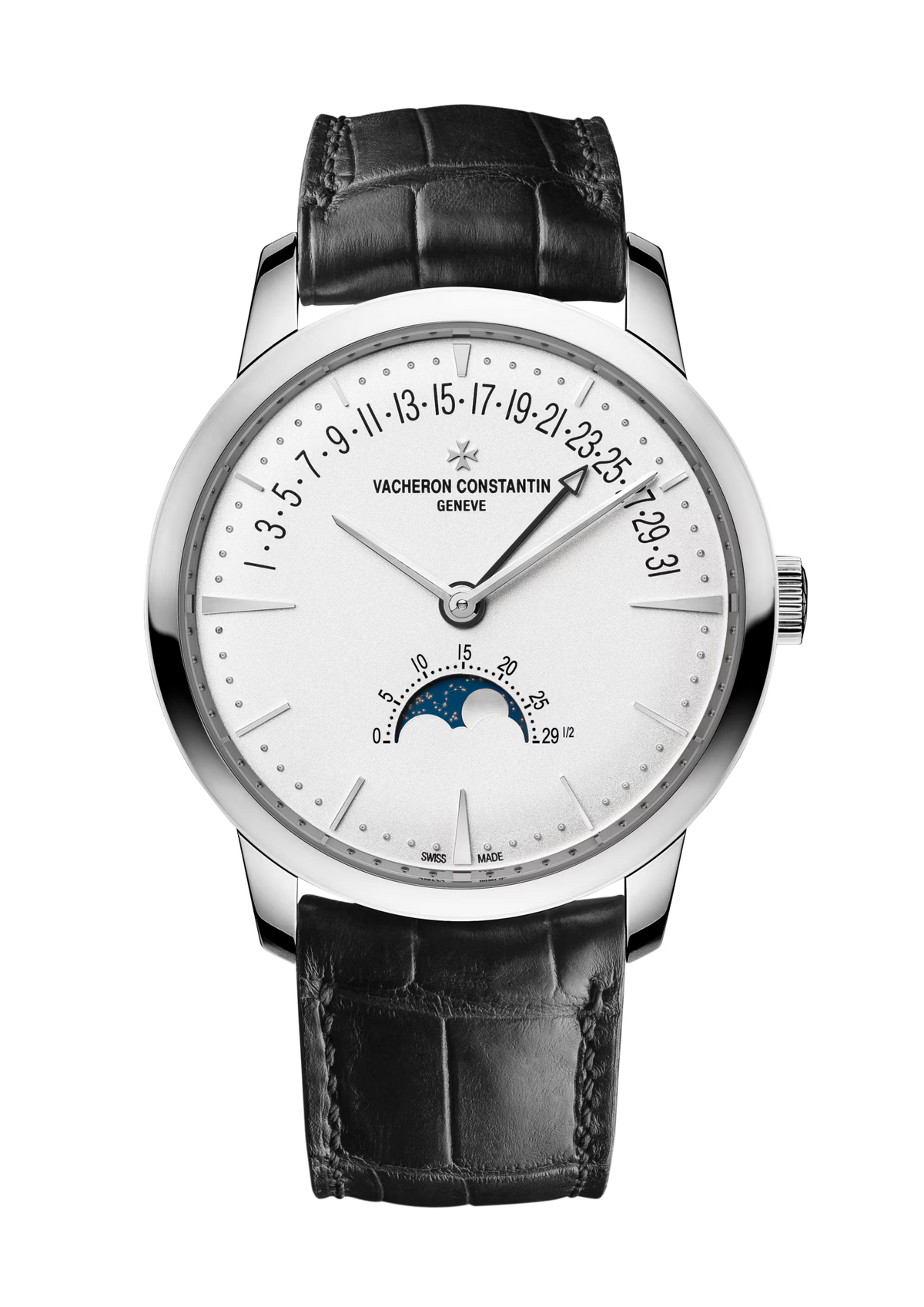 Patrimony Moon phase Retrograde Date | 42.5mm, 18K White Gold, Leather, Plain, Silver Dial - image 1
