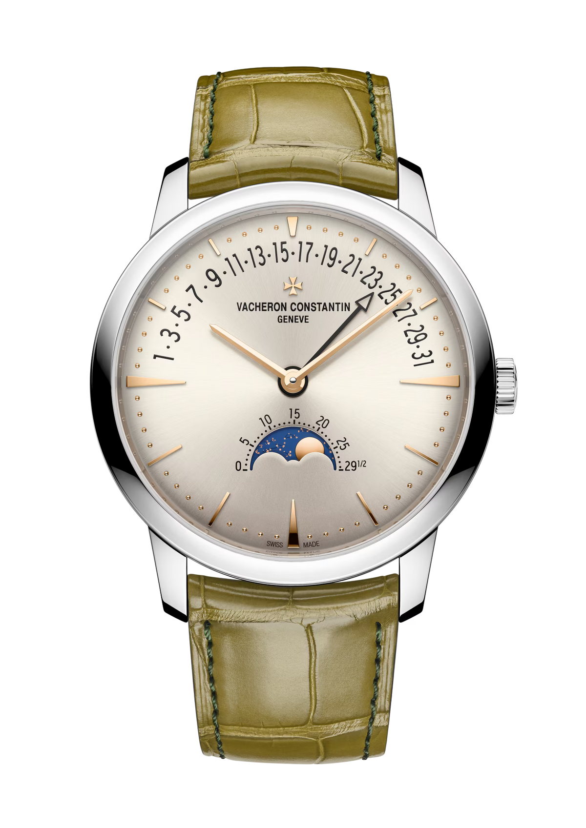 Patrimony Moon phase Retrograde Date | 42.5mm, 18K White Gold, Leather, White Dial - image 1