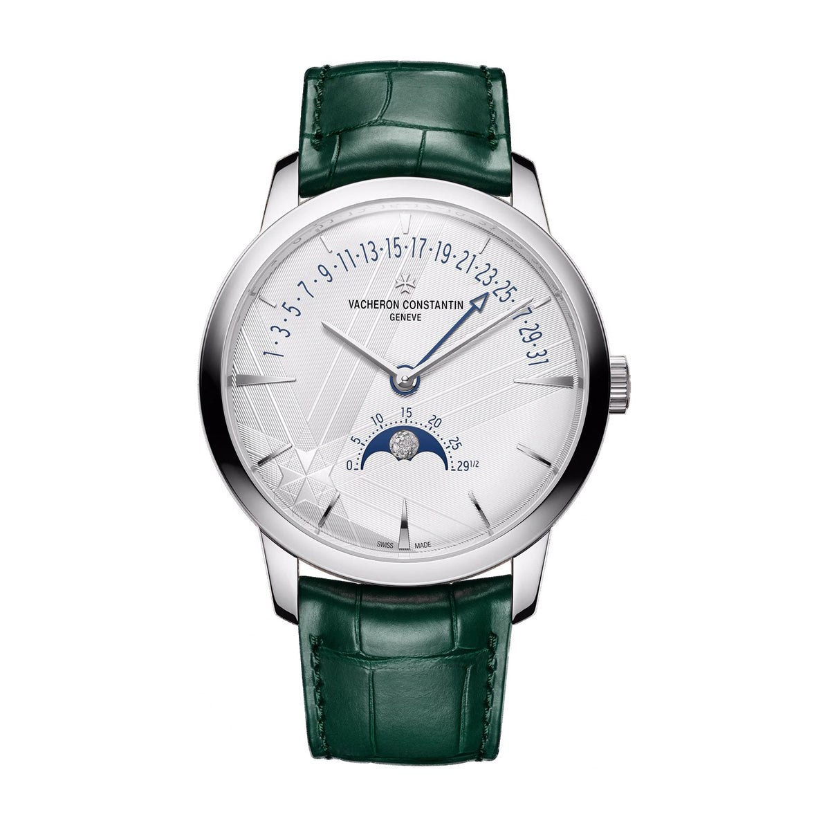 Patrimony Moon Phase Retrograde Date | 42.5mm, 18K White Gold, Leather, Texture, Silver Dial - image 1