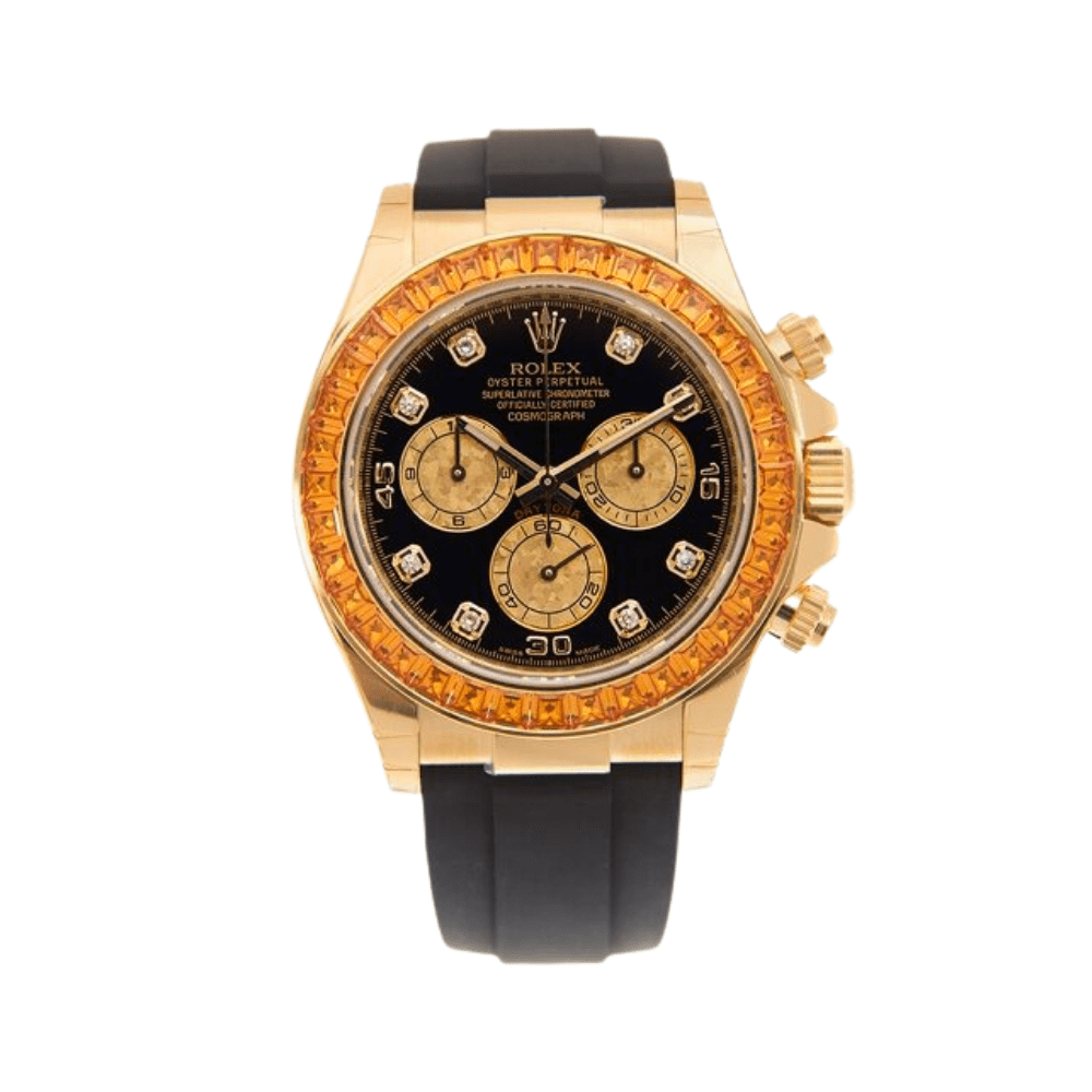 Rolex Daytona 116588SACO Yellow Gold Orange Sapphire Bezel Black Diamond Dial (2023)