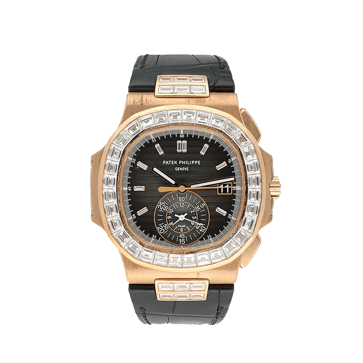 Patek Philippe Nautilus 5980/10R Flyback Chronograph Rose Gold Black Dial Diamond Bezel