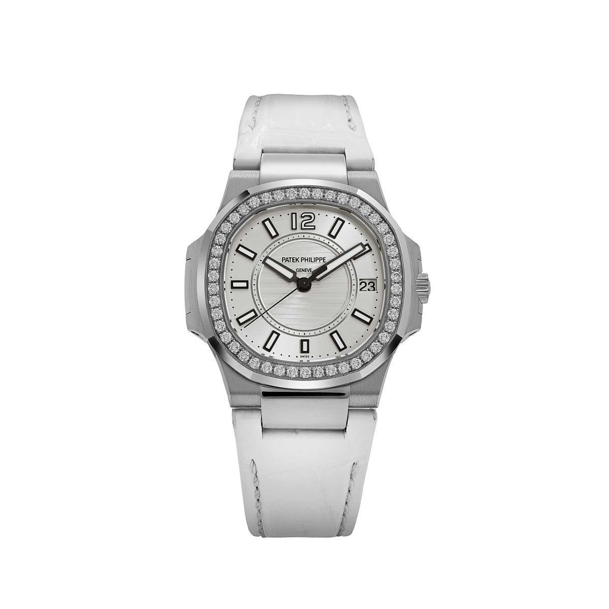 Patek Philippe Nautilus 7010G 'Ladies' White Gold Silver Dial Diamond Bezel Quartz